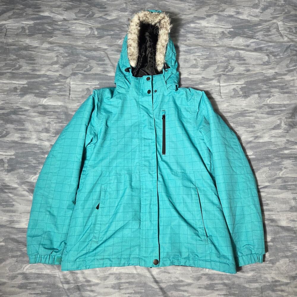 Iceburg Outerwear Women's Ski Snow Jacket Sz M Teal Grid Faux Fur Hood